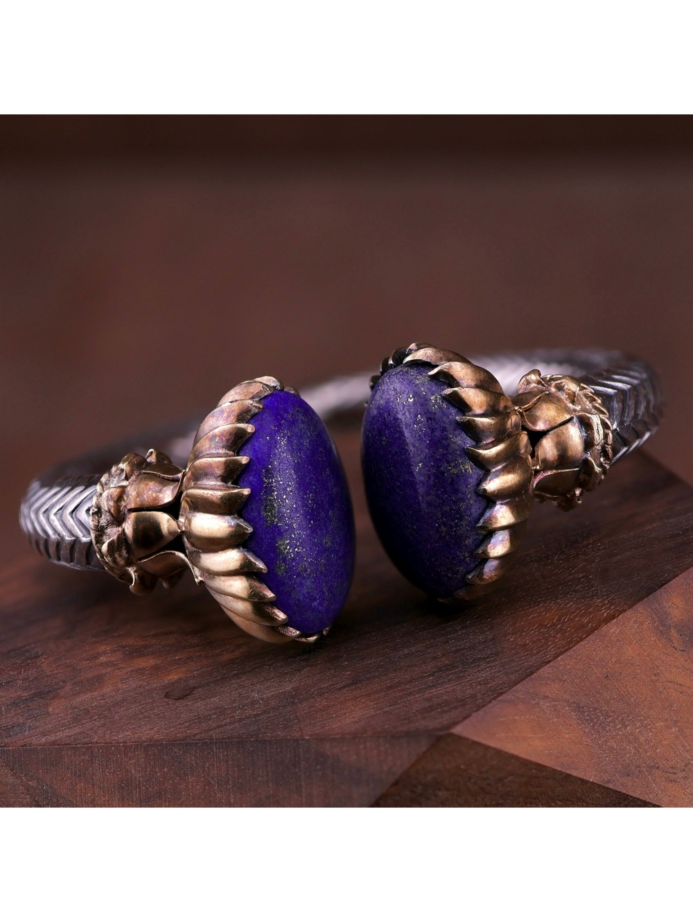 68g Heavy Artisan Sterling 18K GF Lapis Lazuli Alien Fauna Cuff Bracelet 6.75"